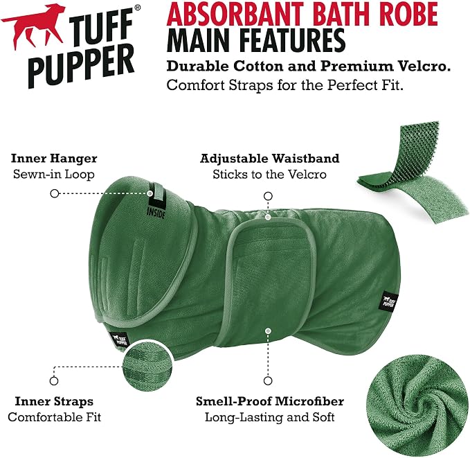 Tuff Pupper Fast Drying Dog Bath Robe | 800 GSM Plush Dog Towel Bathrobe/Dressing Gown | Super Absorbent Pet/Puppy Bathrobe | Adjustable Hood & Belly Strap | Super Soft | Fast Drying (S, Green)