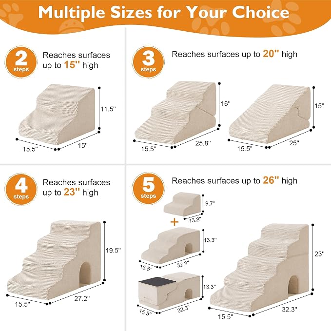 Dog Stairs for Small Dogs 11.5’’ H, 2-Step Dog Steps for Bed, Pet Stairs and Ramp for Dogs and Cats to Get on Beds, Couch, Non-Slip Balanced Pet Steps with Waterproof Cover, Beige