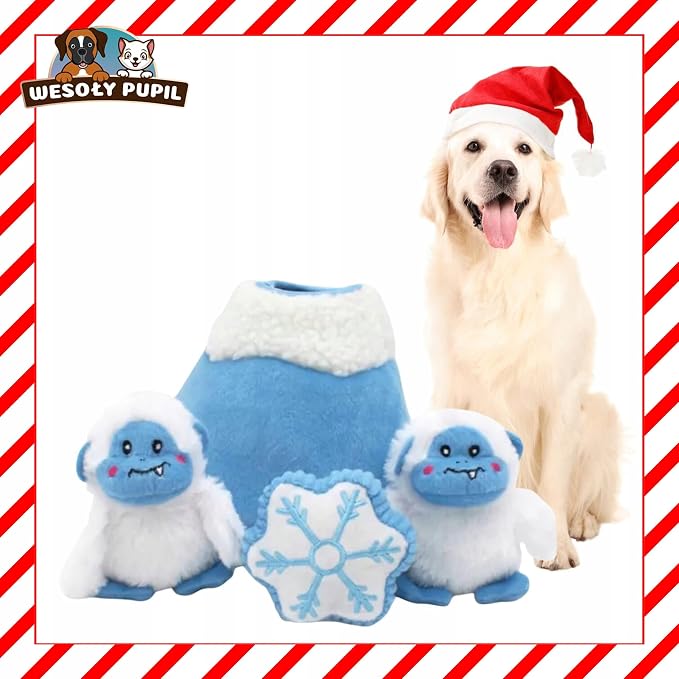 ZippyPaws Burrow Christmas Dog Toy - Plush Squeaky Holiday Dog Gifts for Small & Medium Puppy Dogs, Interactive Hide & Seek Stocking Stuffers for Pets - Yeti Mountain & Snowflake