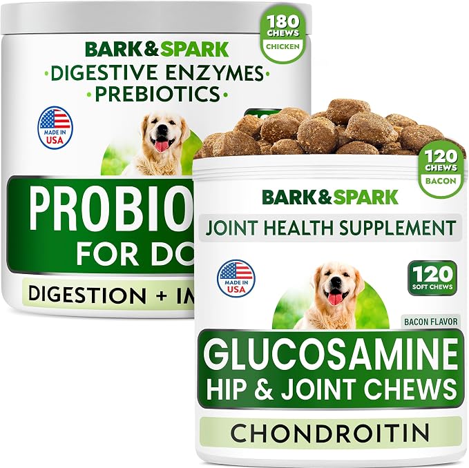 Glucosamine Bacon Flavor + Dog Probiotics Bundle - Joint Pain Relief + Gas, Diarrhea Relief - Chondroitin, MSM, Omega-3 + Digestive Enzymes, Prebiotics - Chewable Fiber - 300 Soft Chews - Made in USA