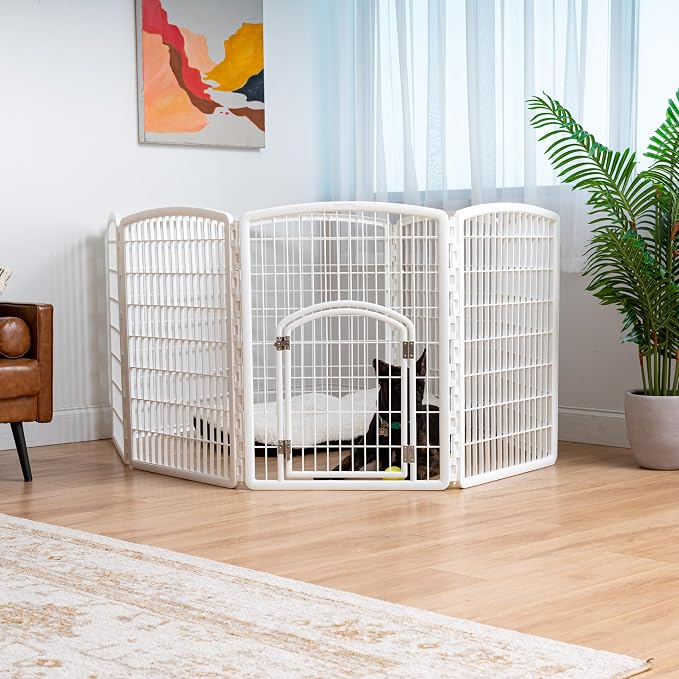 IRIS USA 34" Exercise 8-Panel Pet Playpen with Door, Dog Playpen, Puppy Playpen, Small Medium Large Dogs, Keep Pets Secure, Easy Assemble, Rust-Free, Heavy-Duty Molded Plastic, Customizable, White