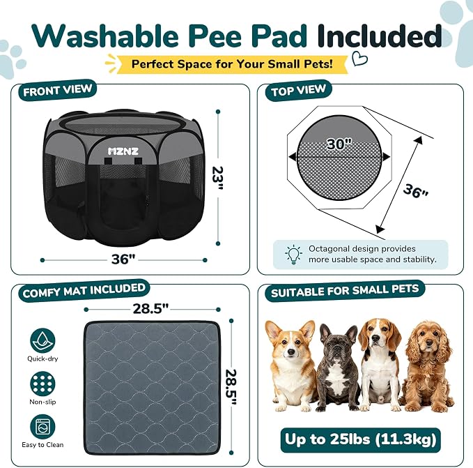 Dog Cat Playpen with Pee Pad, Portable Puppy Pet Crate Indoors for Small/Medium Dogs Cats Rabbits, Foldable Dog Cage Enclosure for Outdoor, Pop Up Dogs Tent Kennel with Carrying Case, Dark Grey