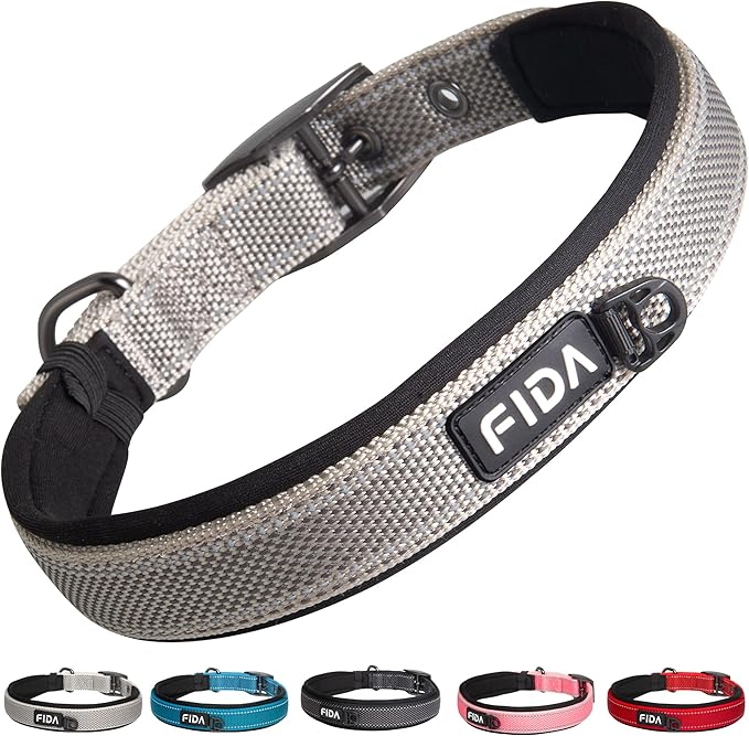 Fida Heavy Duty Dog Collar for Large Dogs with Metal Belt Buckle, Grey | Soft Neoprene Padded for Extra Comfort, Thicker Nylon Webbing, Adjustable Fit, Reflective Stitching for Night Safety