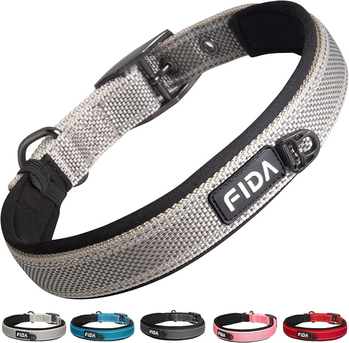 Fida Heavy Duty Dog Collar for Medium Dogs with Metal Belt Buckle, Grey | Soft Neoprene Padded for Extra Comfort, Thicker Nylon Webbing, Adjustable Fit, Reflective Stitching for Night Safety