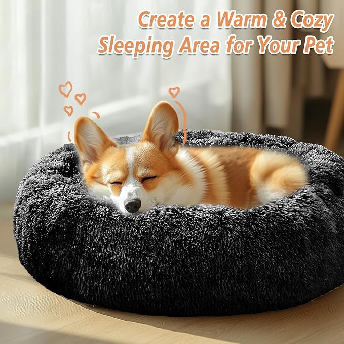 JOLLYVOGUE 23" Calming Donut Dog & Cat Bed, Black