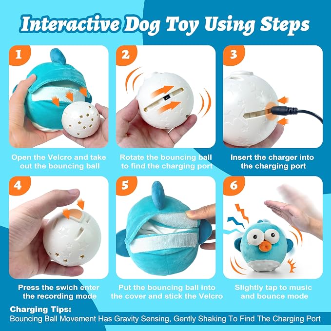 GUKCO Interactive Dog Toys, Moving Ball Toy with Jumping & Music (Puffer) | Rechargeable Plush Toy with Crinkle Paper for Small, Medium & Large Dogs to Keep Them Busy