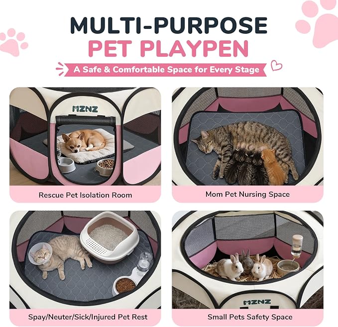 Dog Cat Playpen with Pee Pad, Portable Puppy Pet Crate Indoor for Small Dogs Cats Rabbits, Foldable Dog Cage Enclosure for Outdoor, Pop Up Dogs Tent Kennel with Carrying Case, Pink
