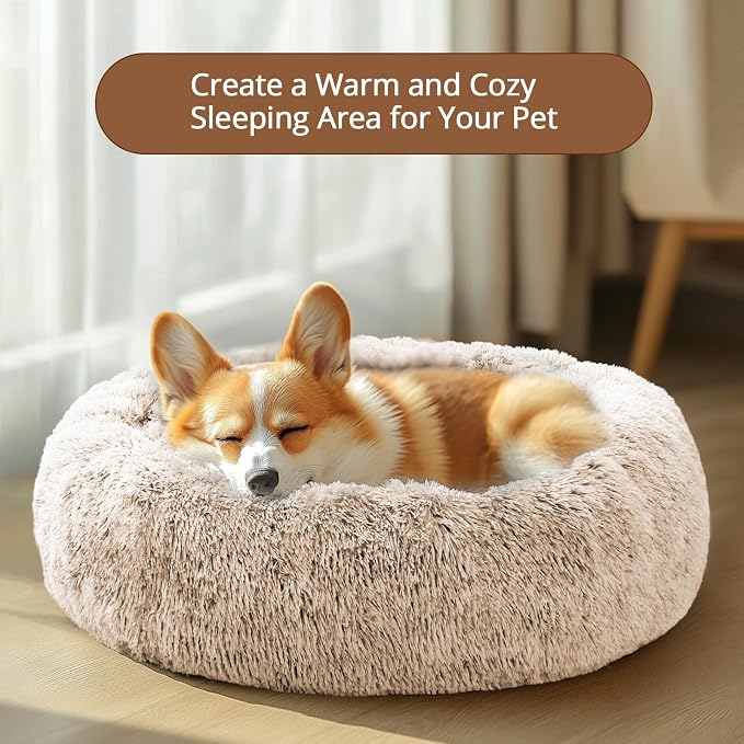 JOLLYVOGUE 27" Calming Donut Dog & Cat Bed, Cream Brown