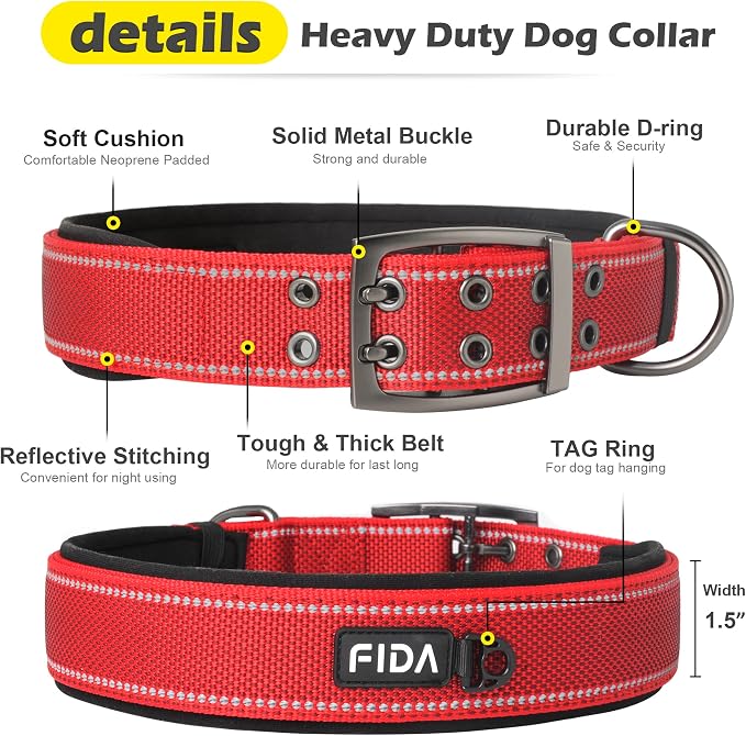 Fida Heavy Duty Dog Collar for Large Dogs with Metal Belt Buckle, Red | 1.5" Width, Soft Neoprene Padded, Thicker Nylon Webbing, Adjustable Fit, Reflective Stitching for Night Safety