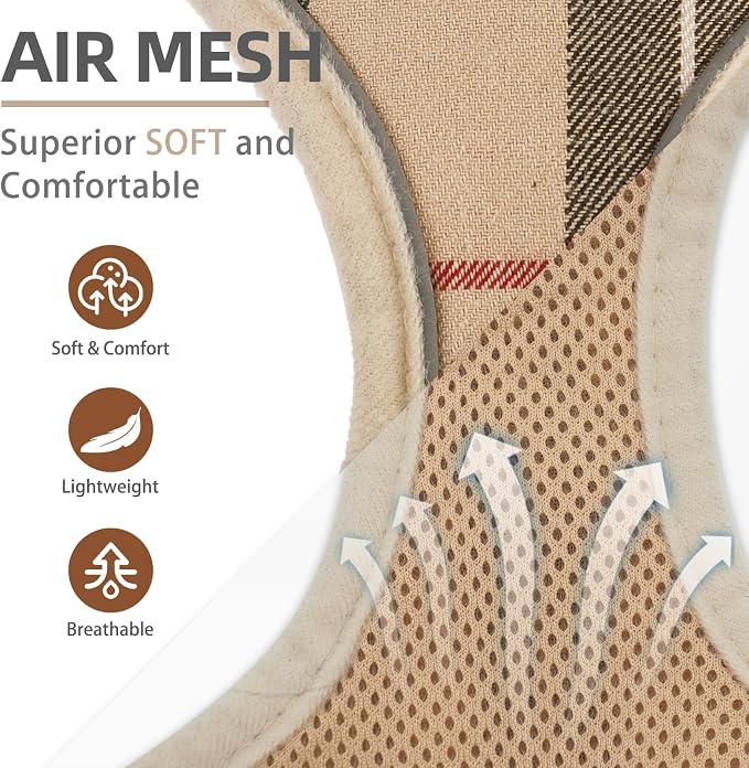 PUPTECK Soft Mesh Dog Harness and Leash Set Pet Puppy Cat Adjustable Reflective Padded Vest No Pull Harnesses, Beige, S