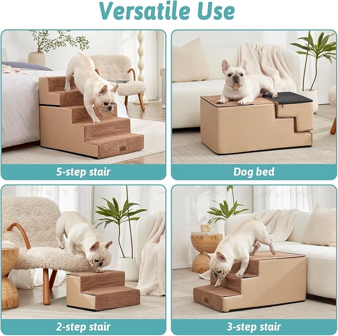 COZY KISS Dog Stairs with Detachable Zipper, 19.7" Extra Wide Right-Angle Pet Stairs for Bed, Anti-Slip Dog Steps for Lowrider and Elderly Cats with Support Board, 19.7x29.5x23.6 inch, Light Brown