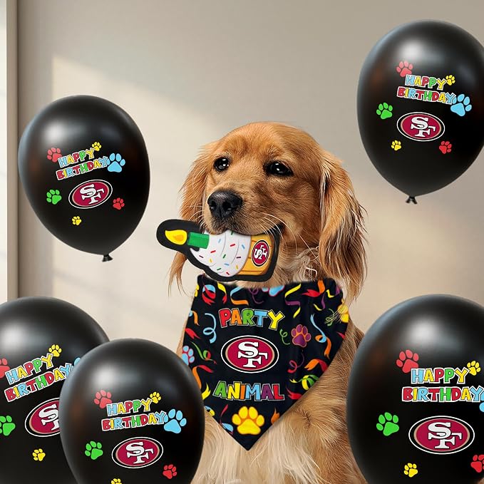 NFL SAN Francisco 49ERS Dog Birthday Party Set 8pcs with 1 Football Bandana Large/X-Large, 1 Birthday Cake Toy & 6 B-Day Balloons, Dog Birthday Set, Costume, Fun Doggie Party Accesories