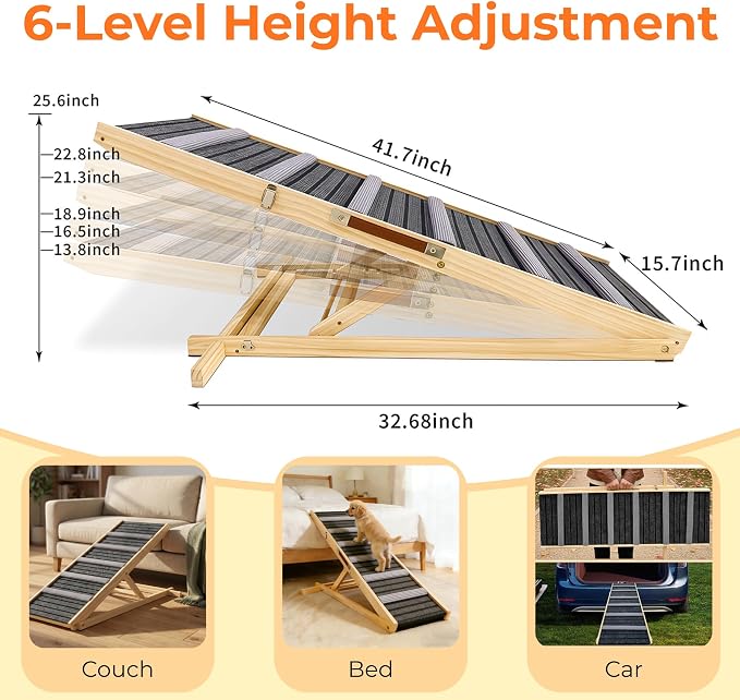 Dog Ramp for Couch and Bed, Portable Pet Ramp with 6 Adjustable Heights (14''-25''), Stable Pine Wood Pet Steps with Non-Slip Surface for Small Dogs and Cats