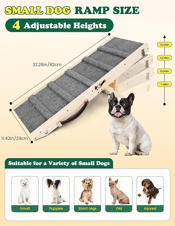 Dog Ramp Dog Stairs for Small Dogs Foldable Dog Ramp with 4 Adjustable Heights from 7.48'' to 15.35" Wood Stairs with Non Slip Carpet Portable Pet Ramp for Couch, Sofa, Low Bed (Natural Wood)