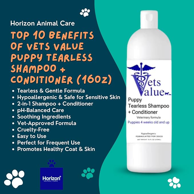 Puppy Tearless Shampoo & Conditioner - Gentle Wash for Puppies with Sensitive Skin – Mild, Tear-Free Formula Suitable for Dogs 4 Weeks and Older – Made in the USA (16 oz)