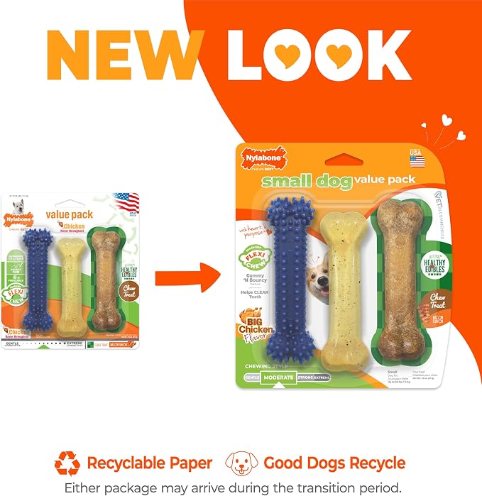 Nylabone Flexi Chew Small Dog Value Pack Dog Toys with Chew Treat, 3 Count | Chicken flavor dog toys, bacon chew treat, for small dogs up to 25 lbs, flexible material, gentle on teeth, great for seniors
