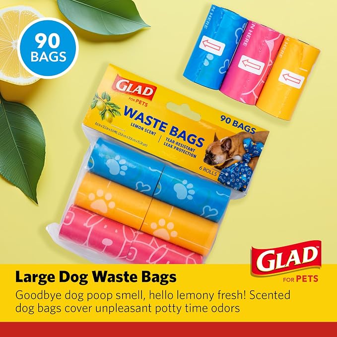 Glad for Pets Scented Dog Waste Bags, Tear-Resistant Pet Poop Pick-up Bags with Leak Protection, Lemon Fresh Scent, Fun Multicolor Bag Designs, 6 Rolls, 90 Bags Total