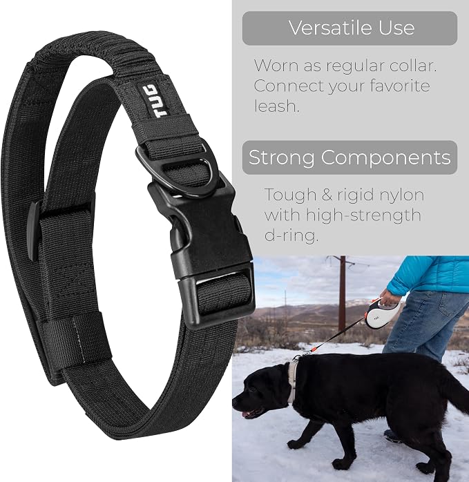 TUG Grab Dog Collar with Built-in Magnetic Traffic Leash (Large/Black) | Magnetic Built-In Traffic Leash | Shock-Absorbing Bungee | Adjustable Strap