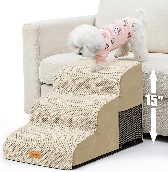 Topmart 3 Tiers Foam Dog Ramps/Steps,Non-Slip Pet Steps,Extra Wide Deep Dog Stairs,High Density Foam Pet Stairs/Ladder,Best for Older Dogs,Cats,Small Pets