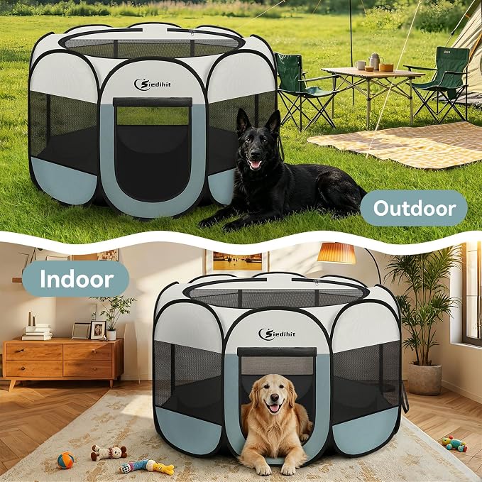 Siedihit Playpen for Extra Large Dog Cat, Dogs Tent Crate Cage Indoor/Outdoor, Portable Pop Up Dog Kennel with Carrying Bag for Rabbits, Removable Top (Grey, Extra Large)