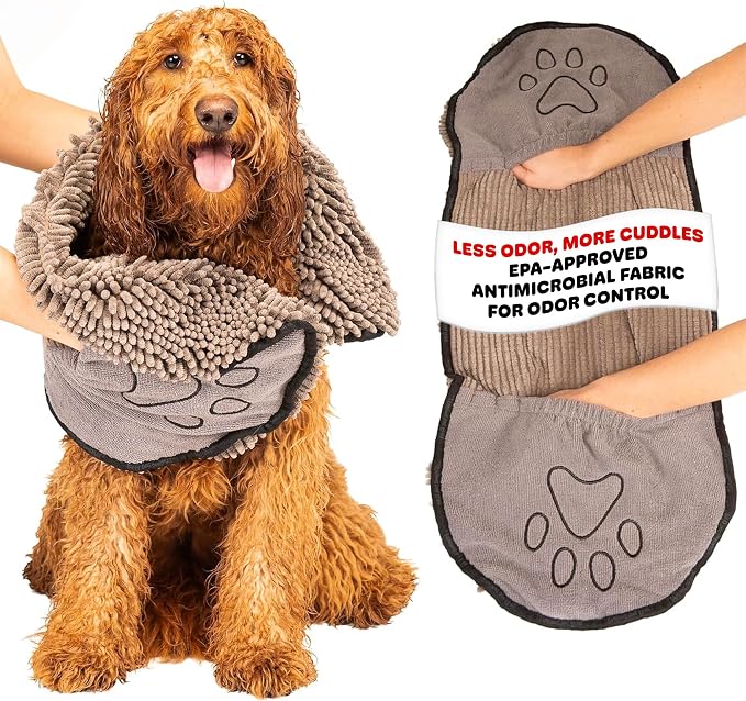 Dog Gone Smart The Dirty Dog Shammy - Antimicrobial Microfiber Dog Towel for Odor Control, Fast-Drying Plush, Dual Hand Pockets & Elastic, Super Absorbent, Machine Washable, 31 x 13 in, Grey