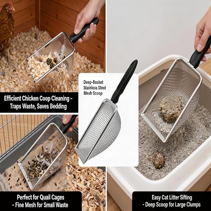 Chicken Poop Scooper 2 Pack, Stainless Steel Chicken Coop Scoop with 3.8mm & 5mm Mesh, Metal Litter Scoop for Chicken Coop Cleaning, Cat Litter Box and Sand (Black, 2pack)