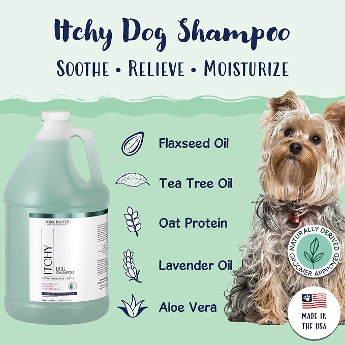 Bobbi Panter Itch Relief Dog Shampoo Tea Tree, Lavender & Flaxseed – Soothing Natural Formula for Itchy & Irritated Skin, Moisturizing, Tear-Free, 16:1 Concentrate, 1 Gallon (Case of 4)