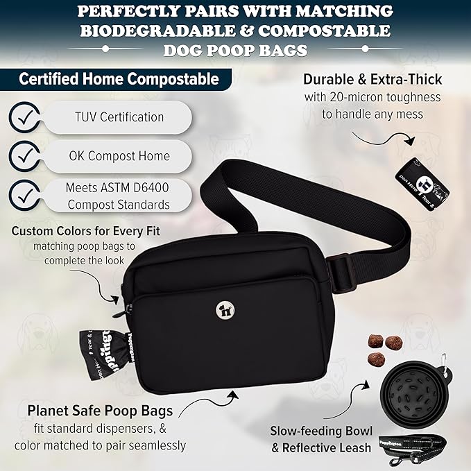 Puppington 3-in-1 Crossbody Dog Treat Pouch for Pet Training - Compostable Poop Bags, Built-In Poop Bag Dispenser, Slow-Feeding Travel Dog Bowl & Reflective Leash - Dog Walking Bag (Onyx Black)