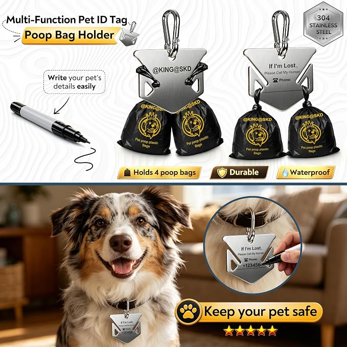 Dog Poop Bag Holder for Leash, Stainless Steel Hands-Free Waste Bag Carrier with Writable Pet ID Tag, Holds Up to 4 Used Bags, Heavy Duty Dog Walking Accessory for Daily Walks & Travel