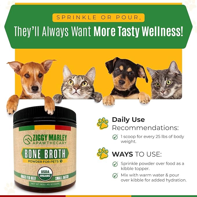 Ziggy Marley's USDA Organic Beef Bone Broth Powder for Dogs & Cats - Support Joints, Coat, and Skin - Human Grade Grass Fed Beef, 90 Grams