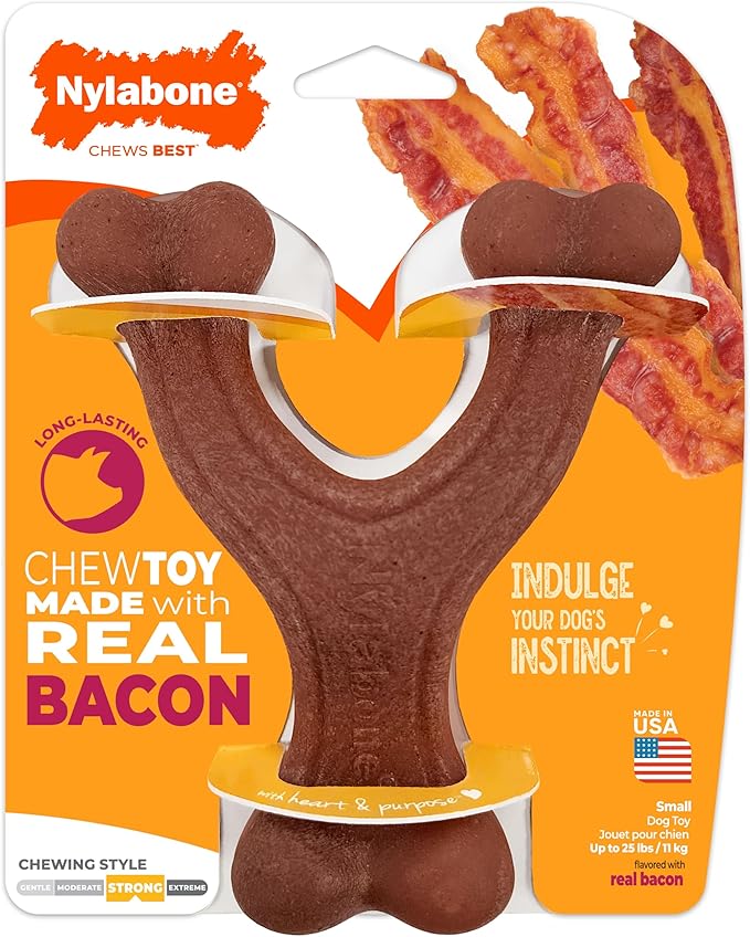 Nylabone Strong Chew Wishbone Dog Toy, Dog Toys for Aggressive Chewers | Durable chew toys for aggressive chewers, chew toy made with real bacon, small breeds up to 25 lbs, long lasting dog bone toy