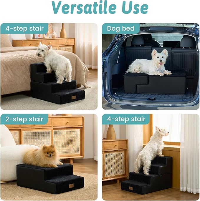 COZY KISS Dog Stairs for Small Dogs, 4 Tier Removable Wider Pet Stairs for Couch and Bed, 17.7" H Dog Steps for Old Cats, Puppy, Small Dogs, 17.7x23.6x17.7 inch, Black