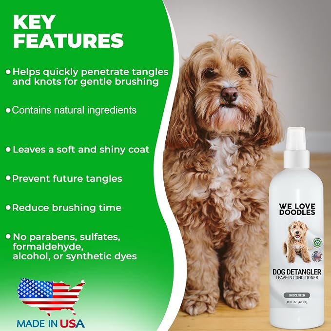 Dog Detangler Spray, Leave-in Conditioner Spray for Dogs, Unscented, 16 oz | Best Detangling & Dematting Spray for Dogs, Tangled & Matted Hair Remover for Goldendoodles, Doodles & Poodles, Made in USA