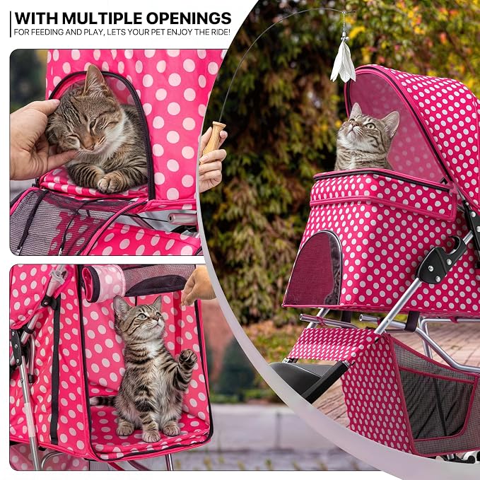 MoNiBloom 3-Wheel Foldable Pet Stroller - Hot Pink Polka Dots