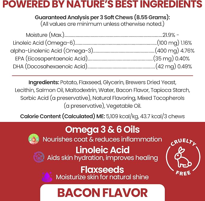 Omega 3 Fish Oil for Dogs, Bacon Flavor - 180 Soft Chews for Skin and Coat