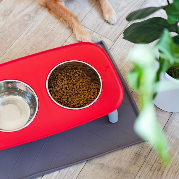 Messy Mutts Elevated Double Dog Feeder, Adjustable Height, Watermelon | Adjustable-Height Elevated Double Dog Feeder With Two 5 Cup Stainless Bowls, Legs Set To 3, 5, Or 10 Inches
