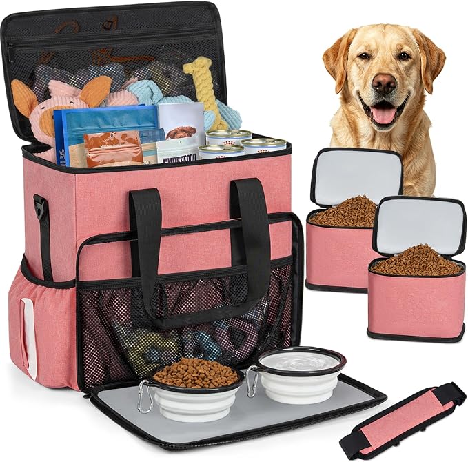 TORIBIO Dog Travel Bag,Large Pet Travel Bag for Supplies with 2 Food Container and Collapsible Bowls,Dog Travel Supplies Organizer Kit for Weekend,Road Trips,Camping