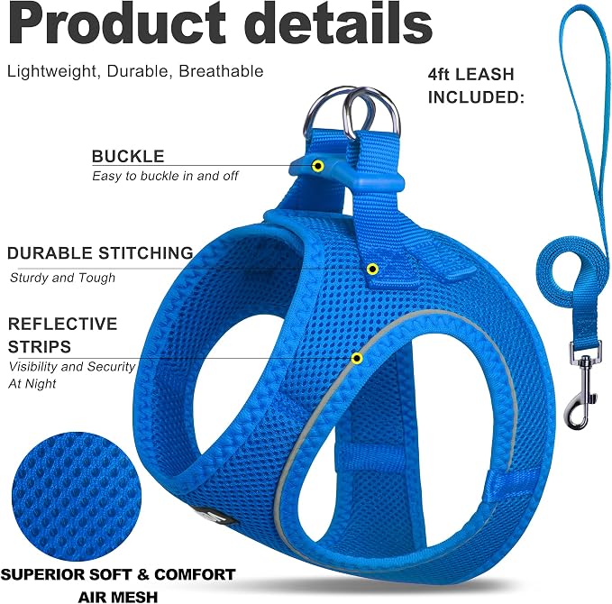Fida Comfy Dog Harness with Leash, Soft Puppy Vest Escape Proof, Breathable Lightweight Soft Mesh, Adjustable Reflective Step-in Harness for Small & Medium Pet Walking (L, Blue)