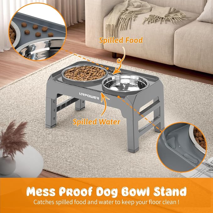 URPOWER Raised Dog Bowls 4 Height Adjustable Elevated Bowl Stand with Stainless Steel Water Bowl Non-Slip Dog Food Bowls Stand for Small Medium Large Dogs and Pets