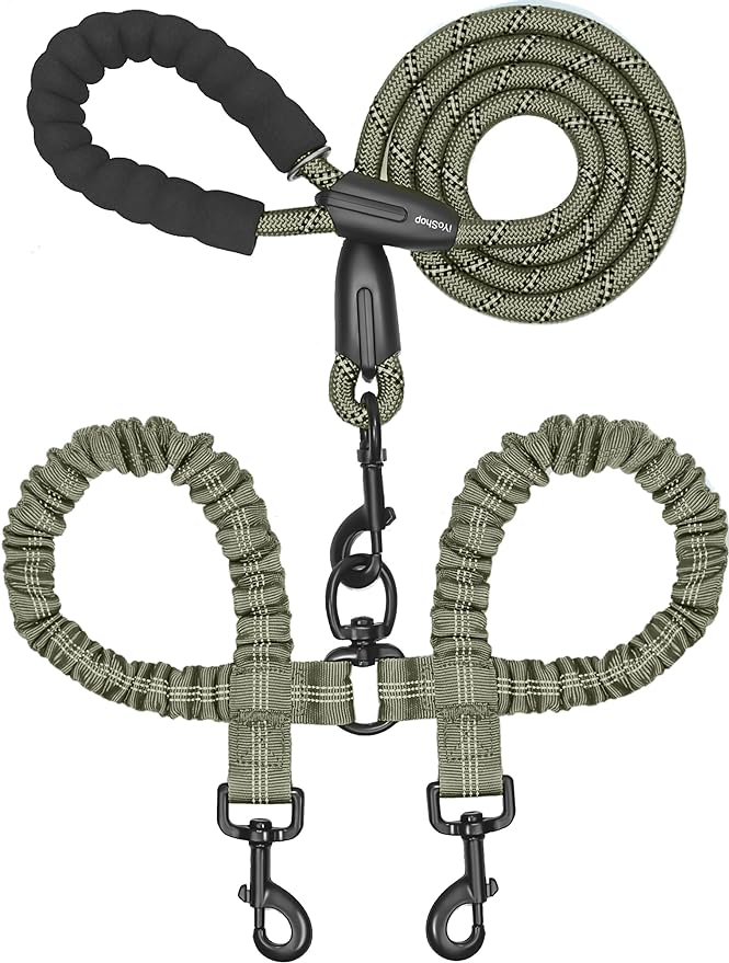 iYoShop Double Dog Leash, 360° Swivel, No Tangle, Large, Military Green | Dual Leash for Two Dogs, Split Leash, Shock-Absorbing Bungee, Padded Handle, Heavy-Duty Rope