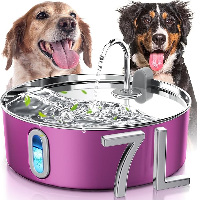Smartoo Dog Water Fountain for Large Dogs 7L/236oz Stainless Steel Dog Water Bowl Dispenser Automatic Pet Water Fountain, Multi-Filtration Pet Fountain with Ultra-Quiet Pump (Pink)
