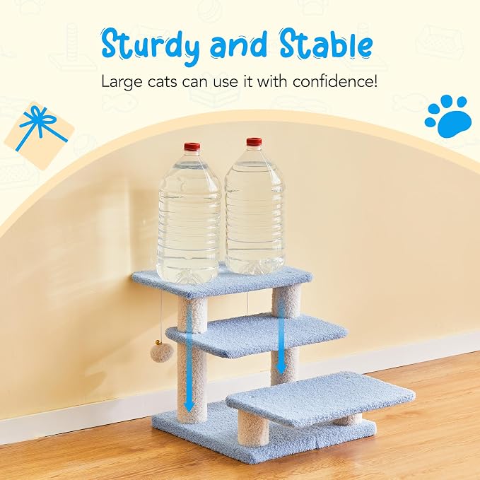 15''H Multi-Step Pet Stairs for High Beds & Sofas, 3-Step Cat Stairs with 2 Toy Balls, Wide Boards for Indoor Kittens Dogs Pets Climbing, Blue