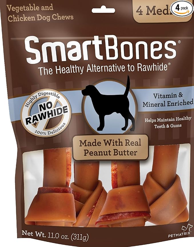 SmartBones Medium Bones With Real Peanut Butter Rawhide-Free Chews For Dogs, 4 Count