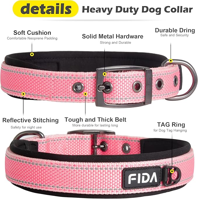 Fida Padded Dog Collar for Small Dogs with Metal Belt Buckle, Pink | Soft Neoprene Padded for Extra Comfort, Durable Nylon Webbing, Adjustable Fit, Reflective Stitching for Night Safety