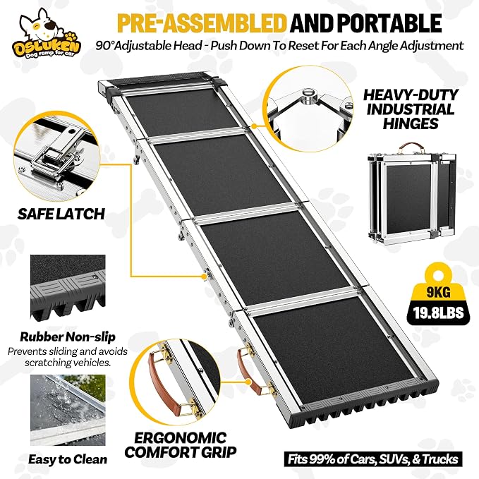 71" Aluminum Alloy Dog Ramp for Car SUV Truck Side Door, Foldable Outdoor Pet Ramp with Heavy Duty Steel Hinges, Non-Slip Traction Surface, Sturdy Ramp for Large Dogs Up to 200 LBS (5 Folded)