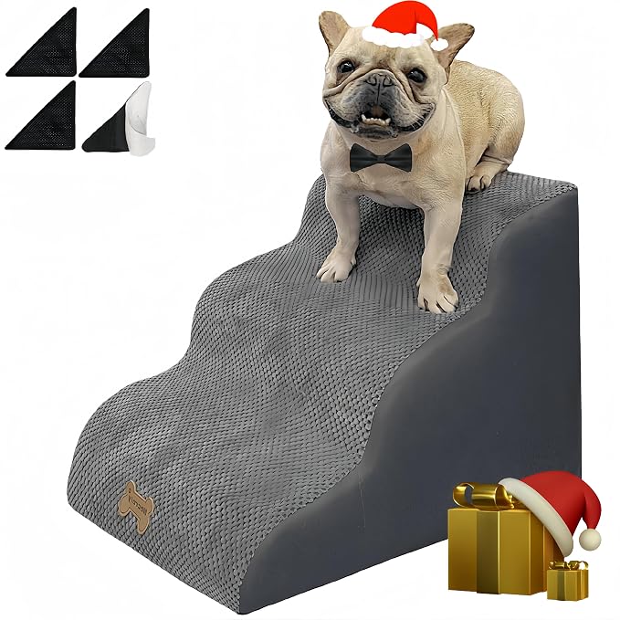 Non-Slip Dog Stairs to High Beds, 3-Step - Cats & Dogs, Grey (23.7*15.8*15.8 IN 33D)