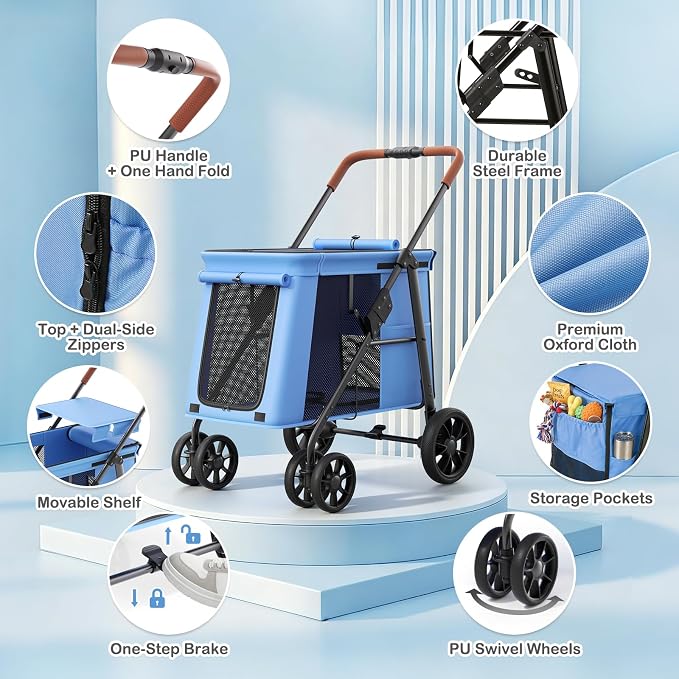 MoNiBloom Pet Stroller for Medium/Large Dogs - Blue, up to 66lbs