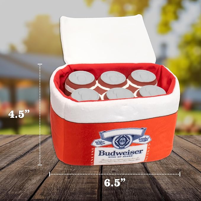 Budweiser, Nesting Dog Toy Plush Cooler with Rubber Toy Beers & Bandana | Official Merchandise, Interactive Squeaky Dog Toys for Hide & Seek Fun, Includes Budweiser Dog Bandana