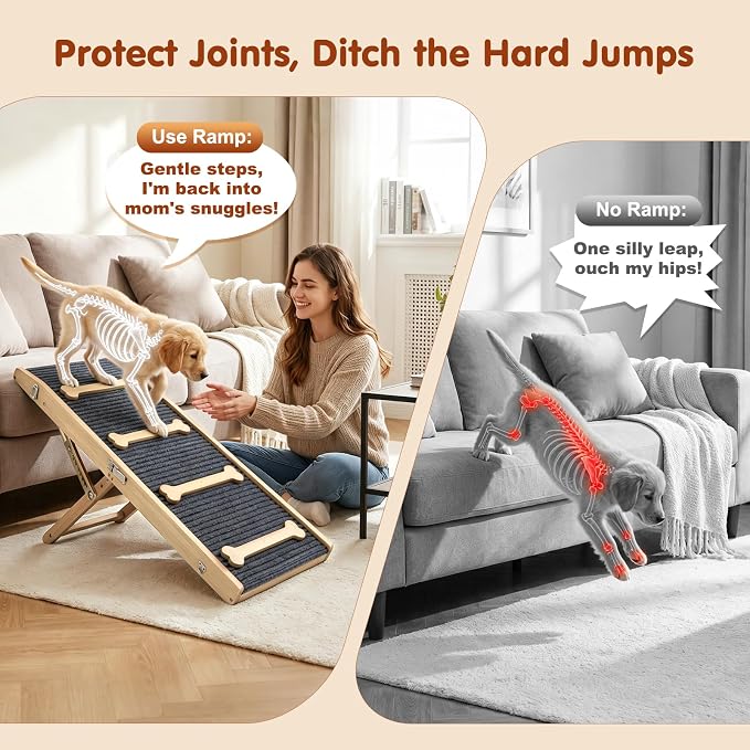Pawaboo 2026 Upgraded Dog Ramp for Couch, Foldable Small Dog Ramp for Sofa with 7 Adjustable Heights from 2.2" to 18.5", Portable Non-Slip Pet Ramps for Couch Sofa, Wood