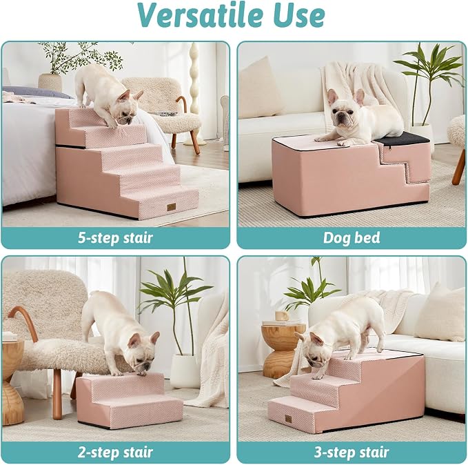 COZY KISS Dog Stairs for Small Dogs, 17.7" Extra Wide Detachable Pet Stairs for Couch and Bed, 23.6" H Non-Slip Dog Steps for Puppies and Old Cats, 17.7x29.5x23.6 inch, Pink